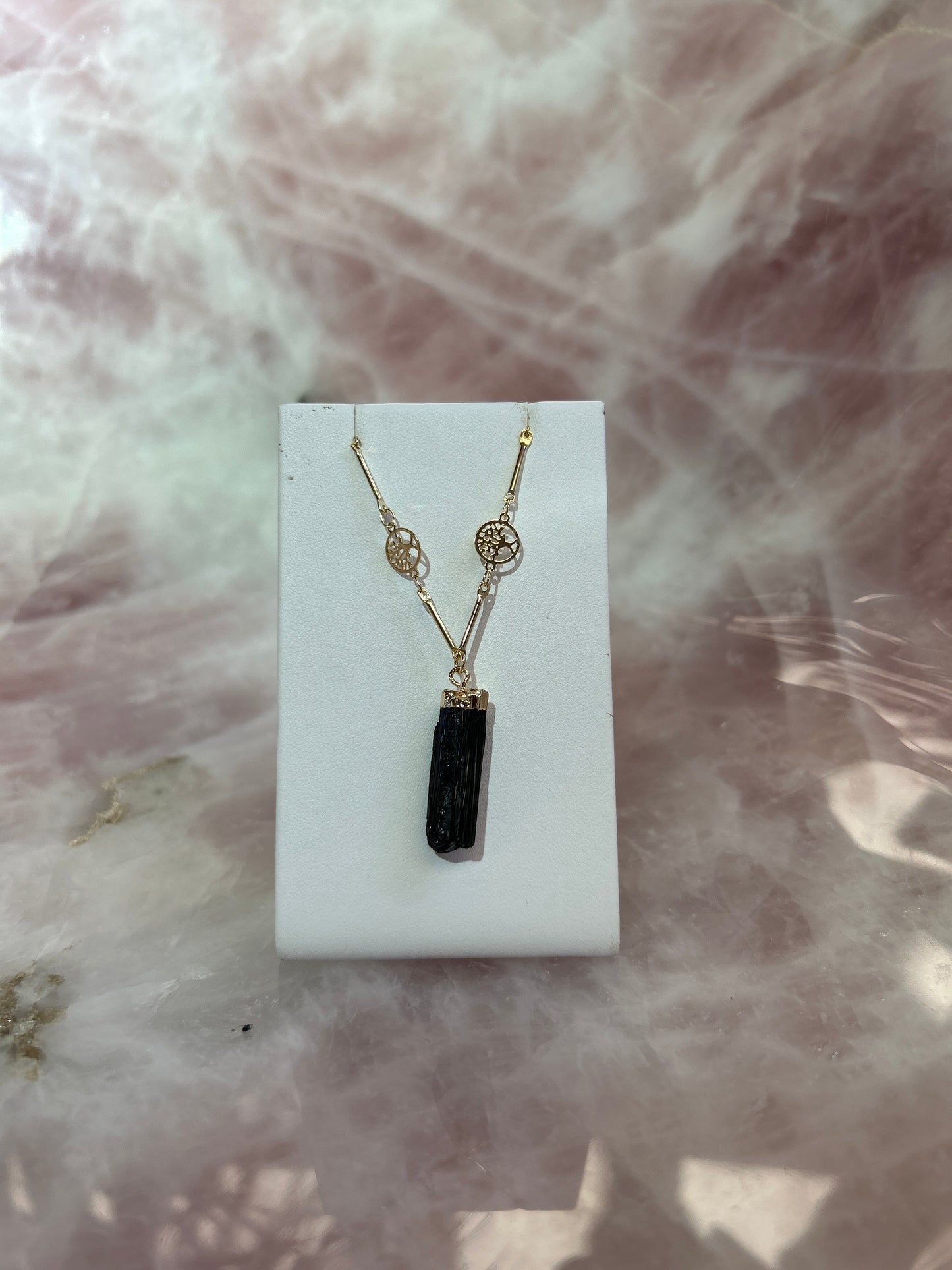 Black Tourmaline Tree of Life Plated Gold Necklace CWDM